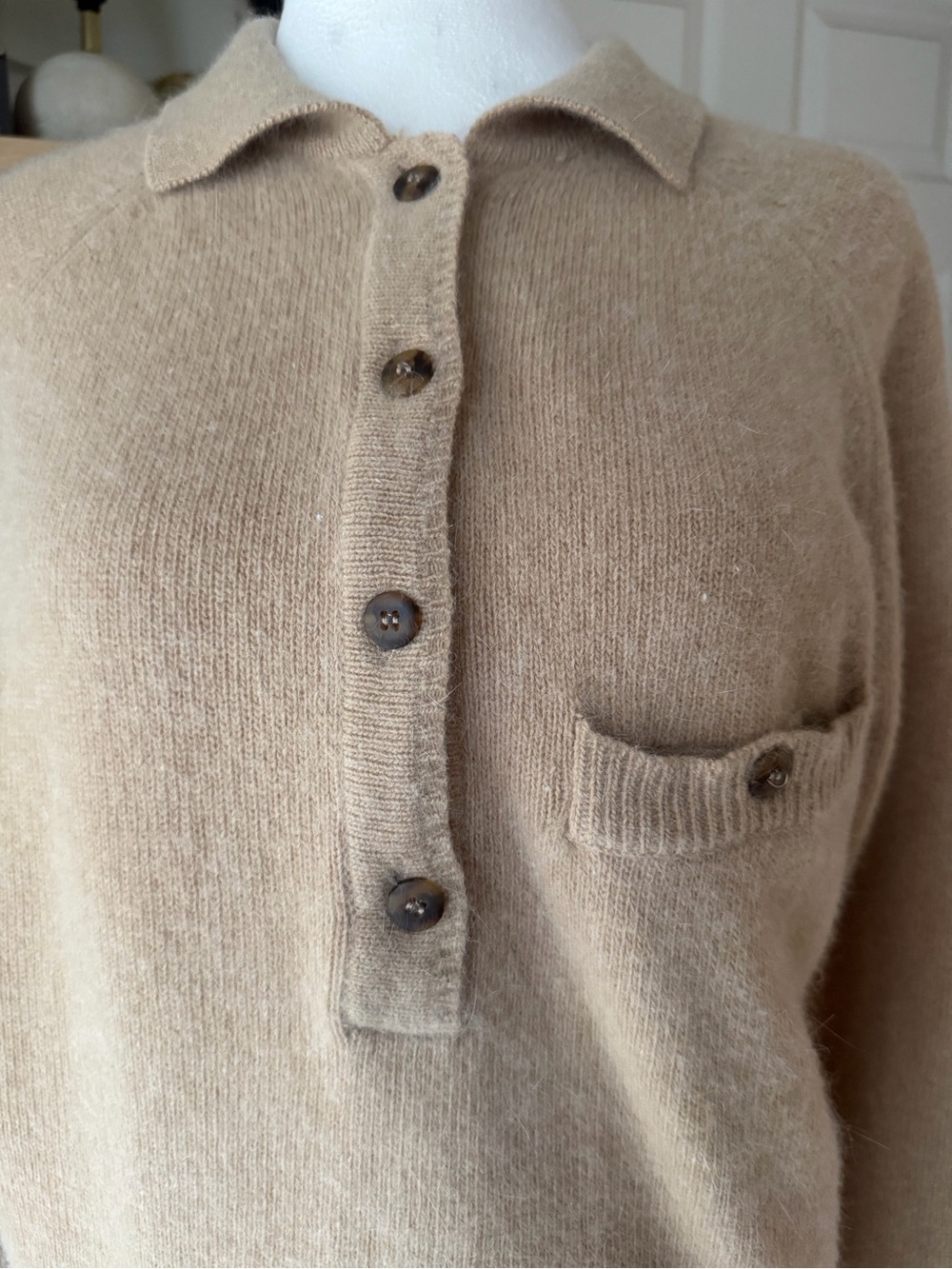 Vintage Liz Claiborne Lambswool Angora Polo Sweater M Beige Collared - Picture 2 of 8